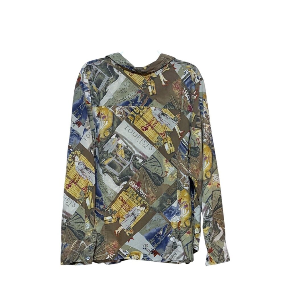 Y2K Kate Hill Blouse 3X Travel Trains Planes 1920s Graphic Lagenlook 100% Silk - Picture 5 of 10